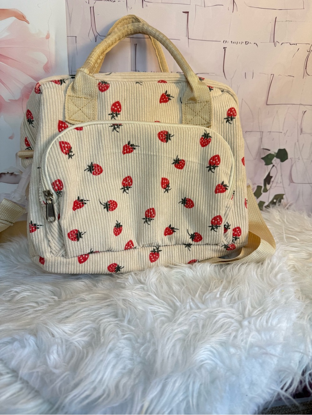 Cream Strawberry Print Corduroy Backpack Handbag